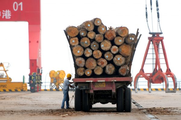 A man works on unloading imported timber from a truck inside a timber processing industrial park in Jiujiang, Jiangxi Province, China, 16 September 2018 (Photo: Reuters/Stringer).