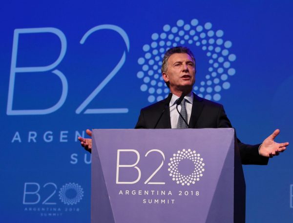 Argentina's President Mauricio Macri speaks during a meeting of the G20 conference for private sector leaders in Buenos Aires, Argentina, 5 October 2018 (Photo: Reuters/Argentine Presidency/Handout).