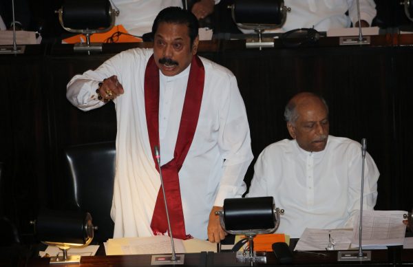 Sri Lanka's newly appointed Prime Minister Mahinda Rajapaksa speaks during the parliament session in Colombo, Sri Lanka, 15 November 2018 (Photo: Reuters/Stringer).