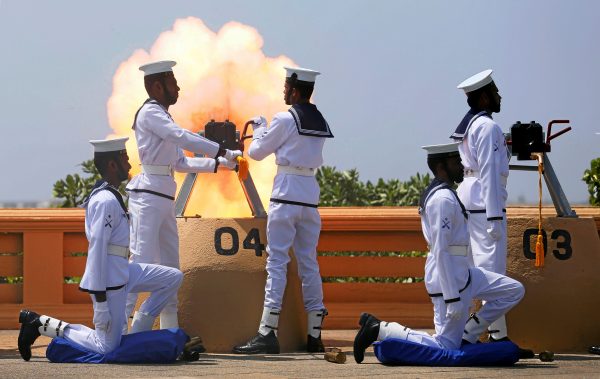 Sri Lanka's navy fires a gun salute during the Sri Lanka's 70th Independence day celebrations in Colombo, Sri Lanka, 4February 2018 (Photo: Reuters/Dinuka Liyanawatte).