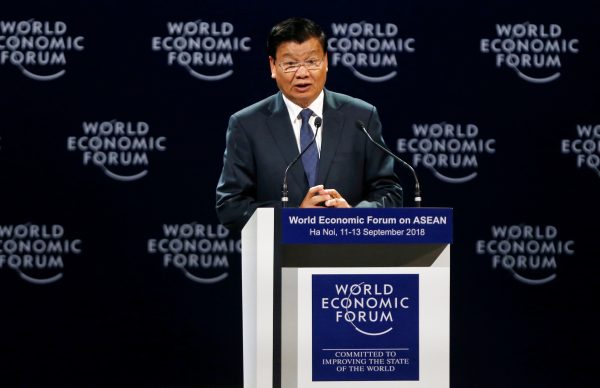 Laos’ Prime Minister Thongloun Sisoulith speaks at the plenary session of the World Economic Forum on ASEAN at the Convention Center in Hanoi, Vietnam, 12 September 2018 (Reuters/Kham).