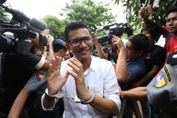 Kyaw Zaw Linn, the editor in charge at Eleven Media arrives after being detained at Tamwe court in Yangon, Myanmar, 10 October 2018 (Reuters/Ann Wang).