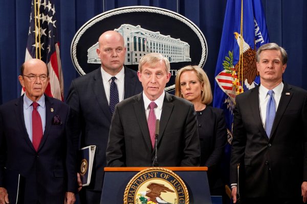 US Attorney Richard P Donoghue for the Eastern District of New York is flanked by US Secretary of Commerce Wilbur Ross, Acting US Attorney General Matthew Whitaker, US Secretary of Homeland Security Kirstjen Nielsen and Director of the Federal Bureau of Investigation Christopher Wray as he addresses a news conference to announce indictments against China's Huawei Technologies Co Ltd, several of its subsidiaries and its chief financial officer Meng Wanzhou, at the Justice Department in Washington, the United States, 28 January 2019 (Photo: Reuters/Joshua Roberts).
