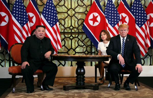 North Korean leader Kim Jong Un and US President Donald Trump listen to questions from the media during their one-on-one bilateral meeting at the second North Korea-US summit in the Metropole hotel in Hanoi, Vietnam 28 February 2019 (Photo: REUTERS/Leah Millis).