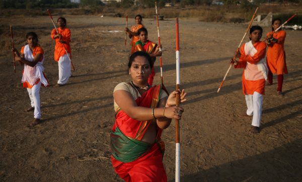 Women practice Shivkalin Yudha Kala, a Maharashtrian martial art, on the eve of International Women's Day at a ground on the outskirts of Mumbai, India, 7 March 2019 (Photo: Reuters/Francis Mascarenhas).