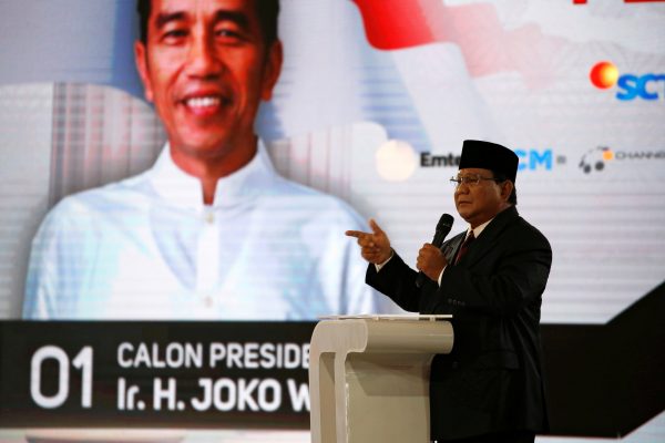 Indonesia's presidential candidate Prabowo Subianto speaks during a televised debate with his opponent Joko Widodo in Jakarta, Indonesia, 30 March 2019 (Photo: Reuters/Willy Kurniawan).