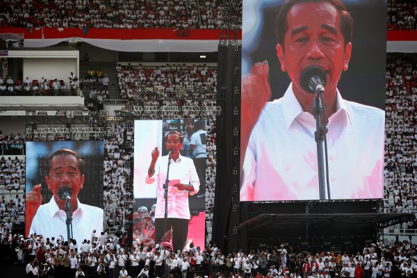 Indonesia's President Joko Widodo addresses supporters at a rally at Gelora Bung Karno Stadium in Jakarta, Indonesia, 13 April 2019 (Photo: Reuters/Edgar Su).