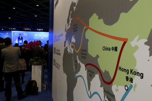 A map illustrating China's silk road economic belt and the 21st century maritime silk road, or the so-called 