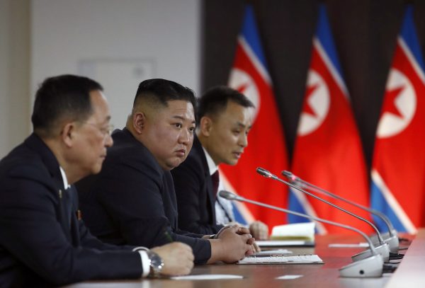 North Korean leader Kim Jong Un and his delegation members attend a meeting with Russian counterparts at Far East Federal University on Russky Island in Vladivostok, Russia, 25 April 2019 (Photo: Sergei Ilnitsky/Pool via Reuters).