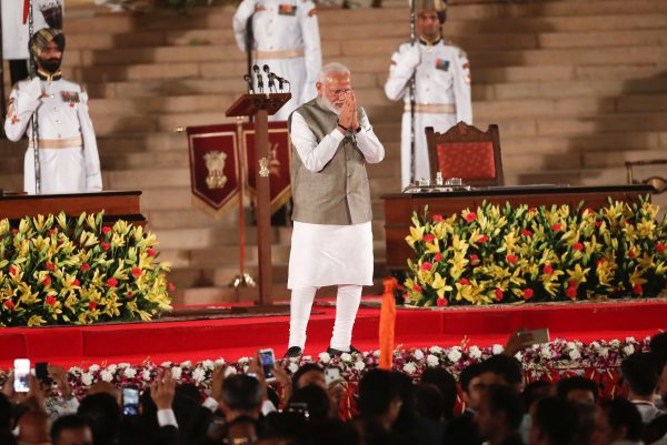 India's Prime Minister Narendra Modi gestures towards supporters after his oath during a swearing-in ceremony at the presidential palace in New Delhi, India 30 May, 2019. (Photo: Reuters/Adnan Abidi).
