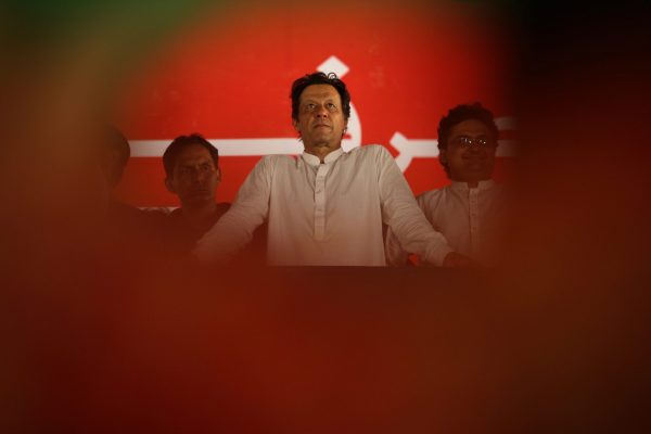 Imran Khan looks on during a campaign meeting ahead of general elections in Islamabad, Pakistan, 21 July 2018 (Photo: Reuters/Athit Perawongmetha).