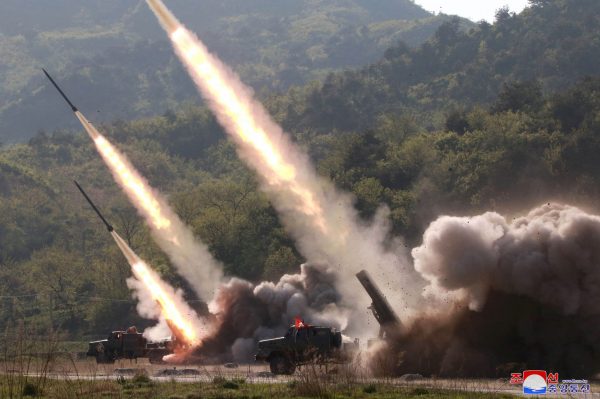 Missiles are seen launched during a military drill in North Korea, 10 May 2019 (Photo: Korean Central News Agency via Reuters).