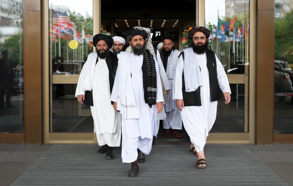Members of a Taliban delegation, led by chief negotiator Mullah Abdul Ghani Baradar (C, front), leave after peace talks with Afghan senior politicians in Moscow, Russia 30 May 2019. (Photo: Reuters/Evgenia Novozhenina).