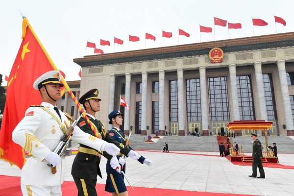 Chinese People's Liberation Army (PLA) honor guards prepare for a welcome ceremony at the Great Hall of the People in Beijing, China, 28 April 2019 (Photo: Parker Song/Pool/Reuters).