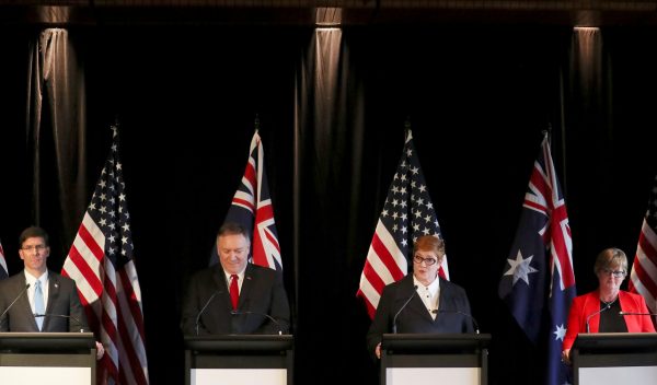 Australia's Foreign Minister Marise Payne speaks during a joint news conference with U.S. Secretary of Defence Mark Esper, U.S. Secretary of State Mike Pompeo and Australia's Defence Minister Linda Reynolds in Sydney, Australia, 4 August 2019. (Photo: Reuters/Jonathan Ernst/Pool).