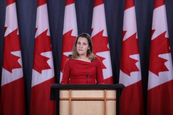 Canada's Foreign Minister Chrystia Freeland speaks during a news conference in Ottawa, Ontario, Canada, 12 December, 2018 (Photo: Reuters/Wattie).