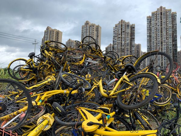 Abandoned shared bicycles randomly stacked, forming a ‘special cemetery,’ symbolising the final destiny of the bike-sharing system that was once popular, Fuzhou city, China, 25 August 2019 (Photo: Reuters/ Li Zuorong).