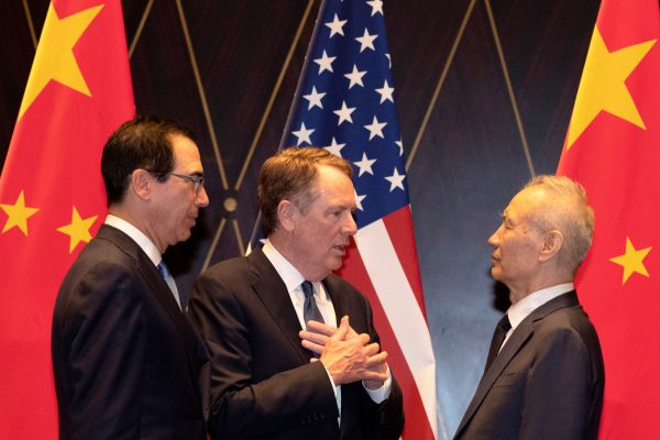 United States Trade Representative Robert Lighthizer with Chinese Vice Premier Liu He with Treasury Secretary Steven Mnuchin at the Xijiao Conference Center in Shanghai, China, 31 July 2019 (Photo: Reuters/Ng Han Guan/Pool).