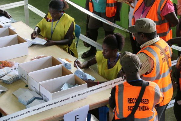 Officials count ballots in Buka, Bougainville, Papua New Guinea, 11 December 2019 (Photo: Reuters/BRC/Jeremy Miller).
