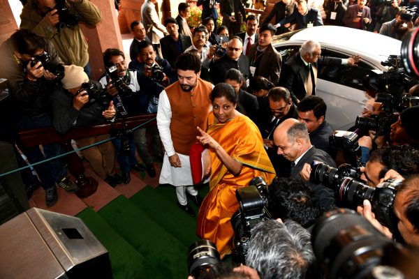 Indian Finance Minister Nirmala Sitharaman arrives at Indian Parliament before presenting the Union Budget for 2020–21 in New Delhi, India, 1 February 2020 (Photo: Latin America News Agency via Reuters/Partha Sarkar).
