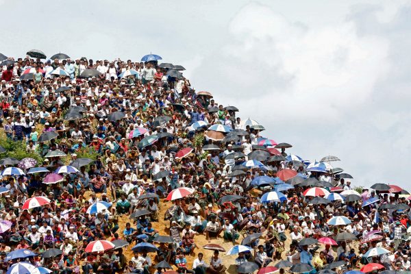 Rohingya refugees gather to mark the second anniversary of the exodus at the Kutupalong camp in Cox’s Bazar, Bangladesh, 25 August 2019 (Photo: Reuters/Rafiqur Rahman).