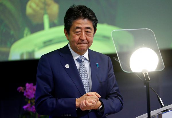 Japan's Prime Minister Shinzo Abe speaks at the conference Communication Connecting Europe and Asia, in Brussels, Belgium, 27 September 2019 (Photo: Reuters/Francois Lenoir).