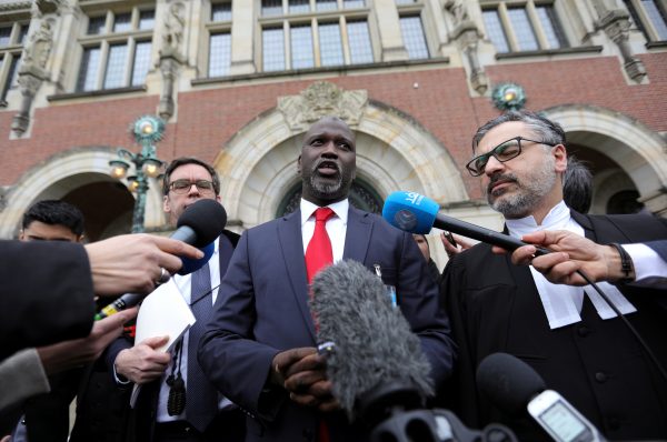 Gambia's Justice Minister Abubacarr Tambadou talks to the media outside the International Court of Justice (ICJ), after the ruling in a case filed by Gambia against Myanmar alleging genocide against the minority Muslim Rohingya population, in The Hague, Netherlands 23 January, 2020 (Photo: Reuters/Plevier).