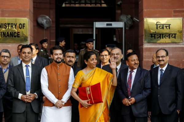India's Finance Minister Nirmala Sitharaman holds budget papers as she leaves her office to present the federal budget in the parliament in New Delhi, India, 1 Feb, 2020 (Photo: Reuters/Fadnavis).