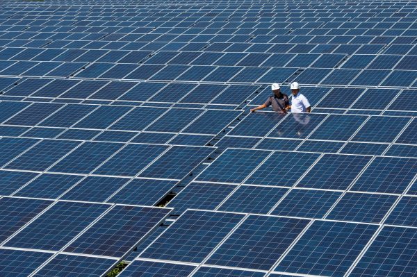 State Electricity Company officials stand between solar cell panels at the largest solar power plant in Indonesia, at Oelpuah village in Kupang, 20 July 2017 (Photo: Reuters/Anatara Foto).