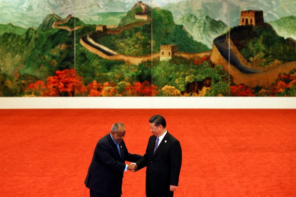 Djibouti's President Ismail Omar Guelleh, left, shakes hands with Chinese President Xi Jinping during the Forum on China-Africa Cooperation held at the Great Hall of the People in Beijing, 3 September 2018 (Photo: Reuters/Andy Wong).