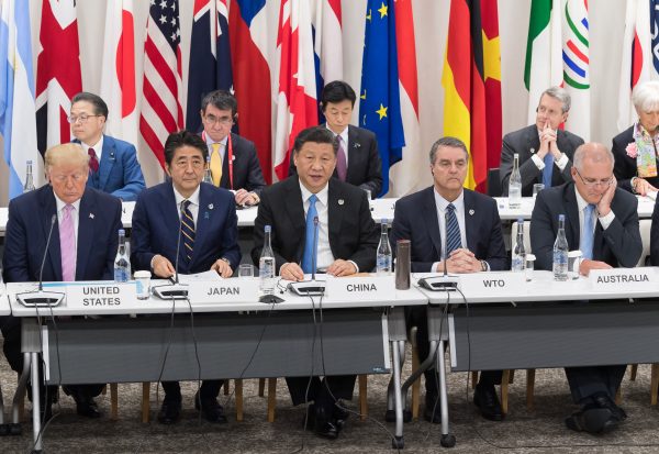 US President Donald Trump, Japanese Prime Minister Shinzo Abe, Chinese President Xi Jinping, WTO Director-General Roberto Azevedo, Australian Prime Minister Scott Morrison during a meeting on the world economy at the first day of the G20 Summit in Osaka, Japan on 28 June 2019 (Photo: Reuters/Jacques Witt).