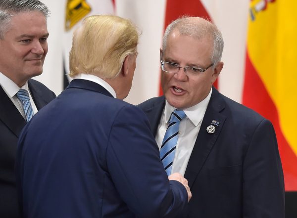 Australia's Prime Minister Scott Morrison chats with US President Donald Trump priot to the session 3 on women's workforce participation, future of work, and ageing societies at the G20 Summit in Osaka, Japan on 29 June, 2019 (Photo: Reuters/ Kazuhiro Nogi).