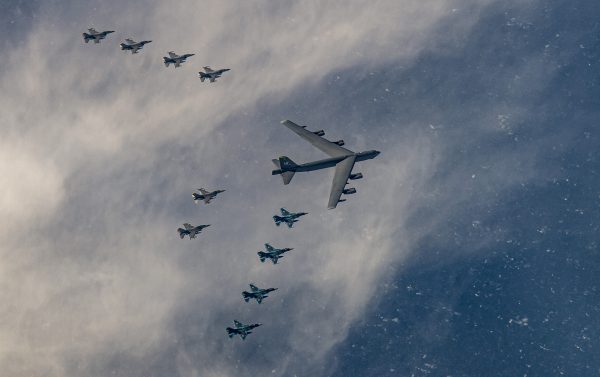 A US Air Force B-52H Stratofortress from Minot Air Force Base, N.D. and six F-16 Fighting Falcon from Misawa Air Base, Japan conducted bilateral joint training with four Japan Air Self-Defense Force F-2 off the coast of Northern Japan, 4 Feb 2020 (Photo: Reuters via USAF Staff Sgt Melanie A Bulow-Gonterman).