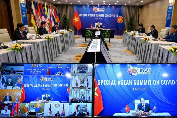 Vietnam's Prime Minister Nguyen Xuan Phuc addresses a special video conference with leaders of the Association of Southeast Asian Nations (ASEAN), on the coronavirus disease (COVID-19), in Hanoi 14 April 2020 (Manan Vatsyayana/Pool via Reuters).
