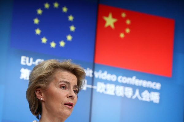 European Commission President Ursula von der Leyen and European Council President Charles Michel (not pictured) attend a news conference following a virtual summit with Chinese President Xi Jinping in Brussels, Belgium, 22 June 2020 (Reuters/Yves Herman/Pool).