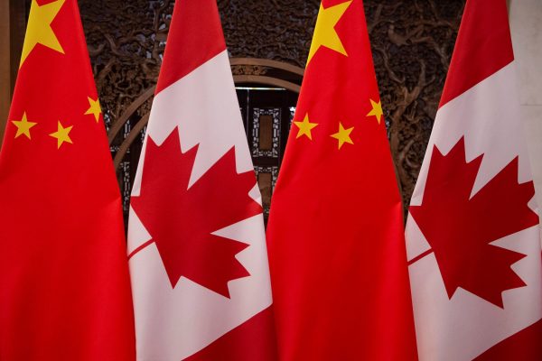 Picture of Canadian and Chinese flags at Diaoyutai State Guesthouse, 5 December 2017. (Photo: Pool/Fred Dufour via Reuters).