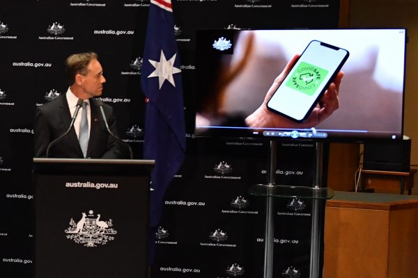 Australian Minister for Health Greg Hunt speaks during a press conference to launch the new government app 