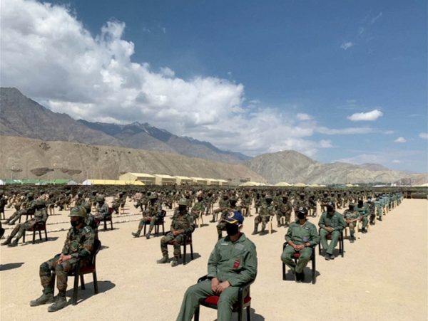 Soldiers await a visit by India's Prime Minister Narendra Modi in India's Himalayan desert region of Ladakh, India, 3 July 2020 (Photo: ANI via REUTERS TV).