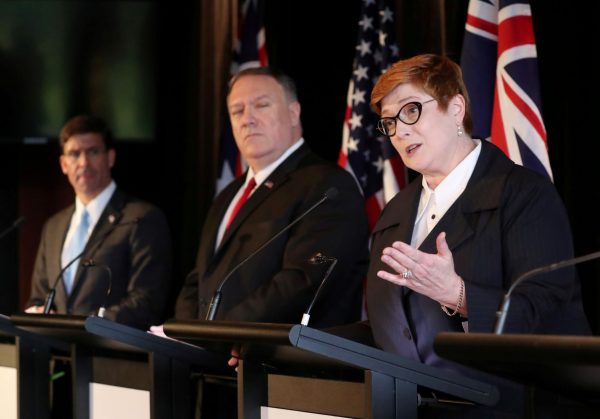 Australia's Foreign Minister Marise Payne speaks during a joint news conference with US Secretary of Defence Mark Esper, US Secretary of State Mike Pompeo and Australia's Defence Minister Linda Reynolds (unseen) in Sydney, Australia, 4 August 2019 (Photo: Reuters/Jonathan Ernst/Pool).