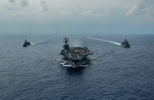 USS Ronald Reagan, the Ticonderoga-class guided-missile cruiser USS Chancellorsville and the Japan Maritime Self-Defense Force Akizuki-class destroyer JS Fuyuzuki are underway in formation while conducting a bilateral exercise in the Philippine Sea, 27 October 2019 (Photo: Reuters/Codie L Soule).