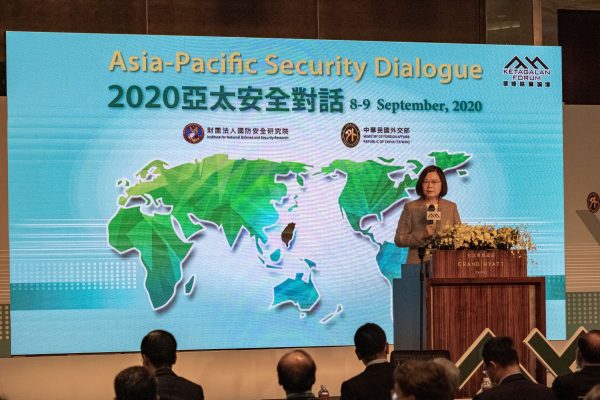Taiwanese President Tsai Ing-wen seen on stage delivering her speech at the Asia Pacific Security Dialogue forum, Taipei, Taiwan, 8 September 2020 (Photo: Sipa USA/Walid Berrazeg).