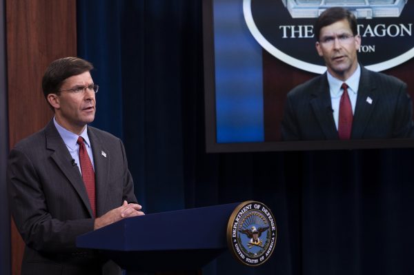 Secretary of Defense, Mark T. Esper, during a press conference. The Republic of Palau has asked the Pentagon to build ports, bases and airfields in the island nation, offering a boost to the plans of military expansion of the United States in Asia. Washington, United States, 8 September, 2020 (Reuters).