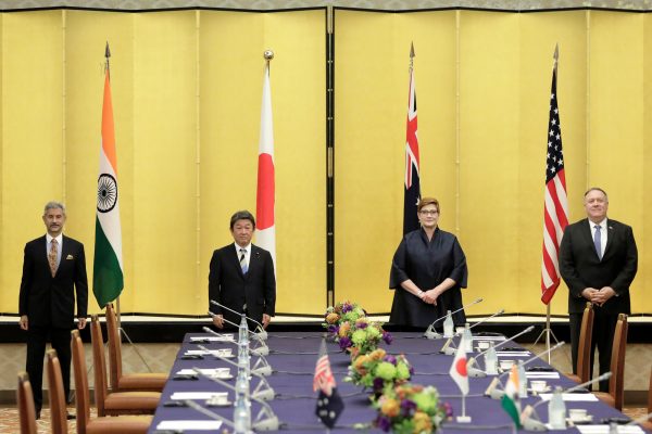Indian Foreign Minister Subrahmanyam Jaishankar, Japan's Foreign Minister Toshimitsu Motegi, Australia's Foreign Minister Marise Payne and U.S. Secretary of State Mike Pompeo pose for a picture prior the Quad ministerial meeting in Tokyo, Japan, 6 October 2020 (Photo: Reuters/Kiyoshi Ota).