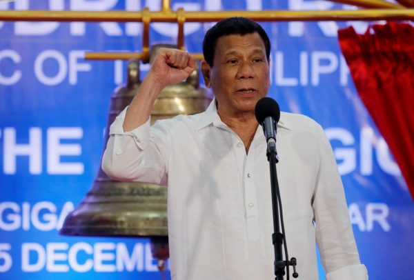 President Rodrigo Duterte speaks during a ceremony marking the return of the three Balangiga bells taken by the U.S. military as war booty 117 years ago, at Balangiga, Eastern Samar in central Philippines, 15 December, 2018 (Reuters/Erik De Castro/File Photo).