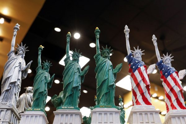 Replicas of the Statue of Liberty are seen for sale in a store in the Times Square area of Manhattan, New York City, 26 September 2020 (Photo: Reuters/Andrew Kelly).