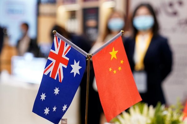 Australian and Chinese flags are seen at the third China International Import Expo (CIIE) in Shanghai, China 6 November, 2020 (Photo: Reuters/Aly Song).