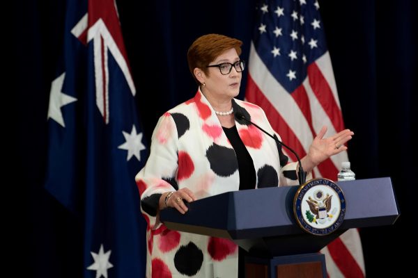 Australia's Foreign Minister Marise Payne speaks during a news conference at the US Department of State following the 30th AUSMIN in Washington DC, 28 July 2020. (Photo: Ruters/Brendan Smialowski).