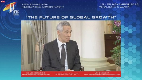 Singapore's Prime Minister Lee Hsien Loong speaks during a CEO Dialogue forum via video link, ahead of the Asia-Pacific Economic Cooperation (APEC) leaders' summit, hosted by APEC Malaysia, 19 November, 2020 (Photo: via Reuters TV).