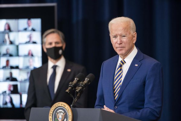 United States President Joe Biden, flanked by Secretary of State Antony Blinken addresses staff at the US Department of State in Washington, 4 Feb 2021, (Photo: Reuters/POOL via CNP/InStar/Cover Images).