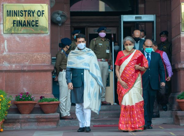 Minister of Finance Nirmala Sitharaman leaves the Central Secretariat building for the Parliament to announce the Union Budget in New Delhi, India, 1 February 2021 (Photo: Reuters/Pradeep Gaur).